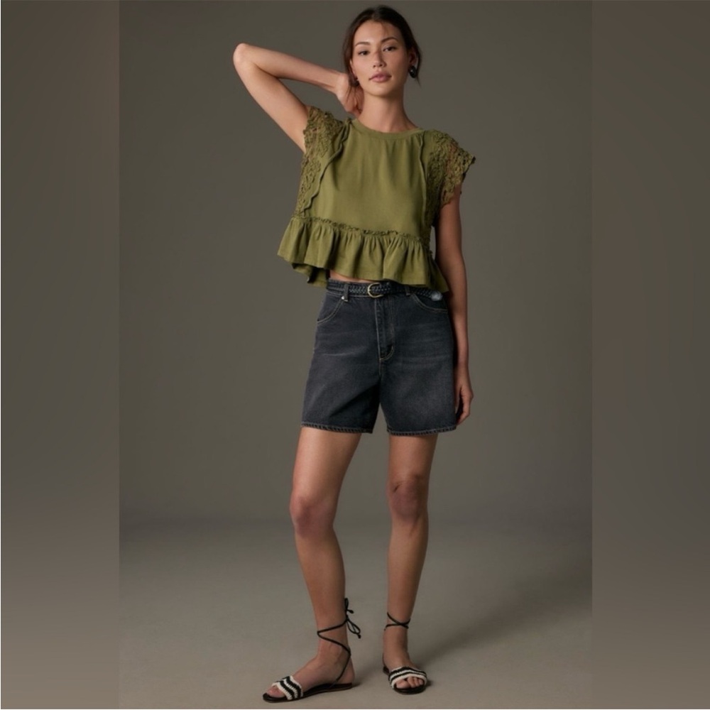 Anthropologie Olive Moss Baby Doll Blouse With Lace Trim/Ruffled Hem Size S